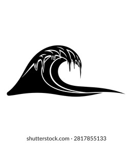 A minimalist black and white illustration of a breaking ocean wave.