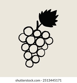 Minimalist black and white illustration of a bunch of grapes with a prominent leaf. Perfect for wine or vineyard themed designs