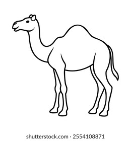 Minimalist black and white illustration of a camel with a single hump, drawn in a simple and clean line art style