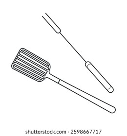 Minimalist black and white illustration of camping utensils: spatula and long frying fork. Ideal for camping, outdoor cooking, barbecue, picnics and adventure designs.