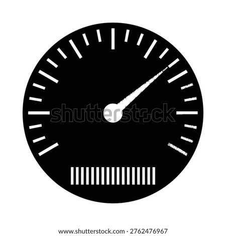 A minimalist black and white illustration of a circular speedometer gauge displaying a moderate speed