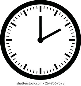 Uma ilustração minimalista, em preto e branco de um relógio. A mão da hora aponta para os dois, e a mão do minuto aponta para os doze.