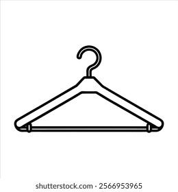 Minimalist black and white illustration, coat hanger icon, simple line drawing, curved hook, fashion accessory, clothing storage, closet organization, vector graphic style, clean design, wardrobe esse