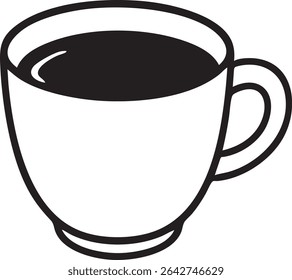 A minimalist black and white illustration of a coffee cup filled with a dark liquid, likely coffee or tea.