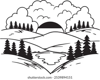 Ilustración minimalista en blanco y negro que representa un paisaje sereno con colinas, árboles y un sol poniente. Ideal para diseños con temas de naturaleza.