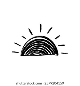 A minimalist black and white illustration depicts a stylized sun with radiating rays, created with bold brush strokes.