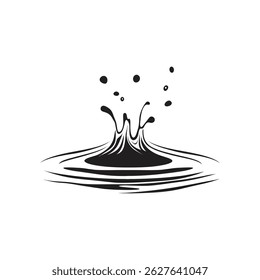 A minimalist black and white illustration displaying a water splash with ripples and droplets, set against a clean, transparent background for versatile use.