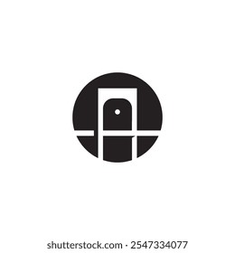 A minimalist black and white illustration of a door within a circle