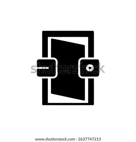 A minimalist black and white illustration of a door depicted as a solid black fill within a frame, complete with minimalist hinges showing door details.