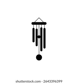 Uma ilustração minimalista, em preto e branco apresenta um sopro de vento pendurado em uma corda. Inclui tubos, uma esfera central e um elemento redondo na parte inferior.