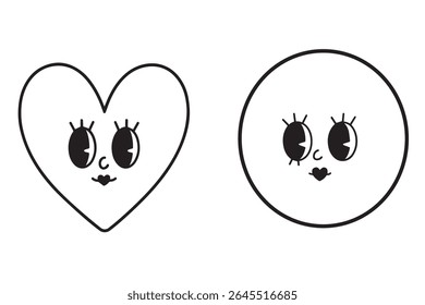 Uma ilustração minimalista em preto e branco apresenta dois rostos de desenho animado. Um rosto tem forma de coração, o outro é circular, ambos com olhos grandes e expressivos e bocas pequenas e sorridentes.