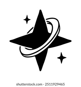 A minimalist black and white illustration featuring an abstract cosmic design with a central star-like shape surrounded by dynamic curved lines.