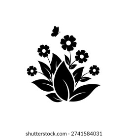 A minimalist black and white illustration featuring a cluster of flowers and leaves with a small butterfly hovering above, creating a serene natural motif.