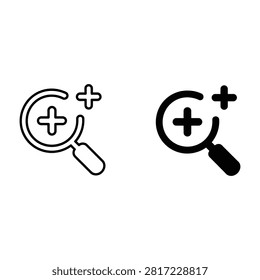 A minimalist black and white illustration featuring a magnifying glass with plus symbols inside and outside the lens, symbolizing search, zoom, or inspection.