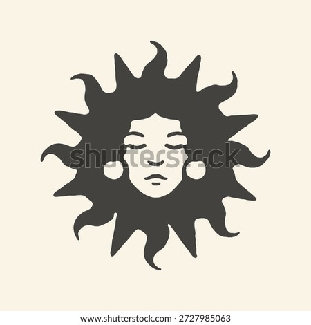 A minimalist black and white illustration featuring a serene female face enclosed within a stylized sun shape, evoking themes of celestial spirituality and boho mysticism.