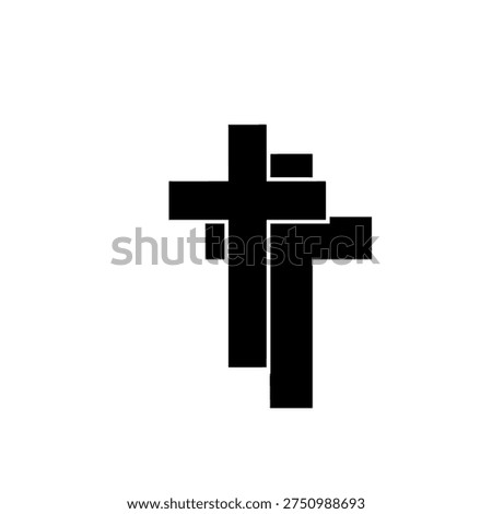 A minimalist black and white illustration featuring two stylized Christian crosses, representing faith, religion, and spiritual devotion.