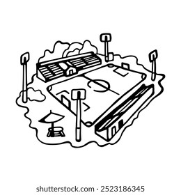 Minimalist black and white illustration of a football stadium with field, lights, and stands. This hand-drawn design captures the simplicity of a sports venue