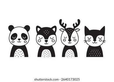 A minimalist black and white illustration of four cute animals panda, bear, deer, and cat depicted in a simple and charming Scandinavian or Nordic style, with closed eyes and rounded shapes.