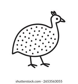 A minimalist, black and white illustration of a guinea fowl with a distinctive spotted pattern and small crest.