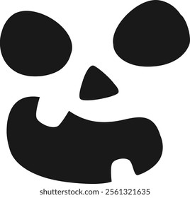 Minimalist black and white illustration of a halloween pumpkin carving showing a spooky face with wide open mouth, big round eyes and triangular nose