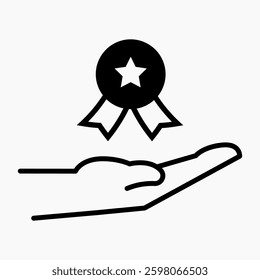 Minimalist black and white illustration of a hand holding an award ribbon with a star, symbolizing achievement and recognition