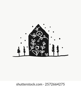 Minimalist black and white illustration of a house with floral designs. Simple house art with flowers. House and floral elements in a minimalist style. Aesthetic vector illustration isolated on white.