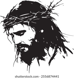 Minimalist Black and White Illustration of Jesus Christ with a Crown of Thorns