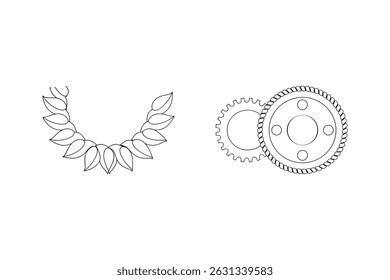 Minimalist black and white illustration of a leaf wreath and gear wheels mechanism
