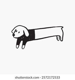 Minimalist black and white illustration of a long dog. Simple, elongated design with a playful, cartoonish style. Unique and quirky dog art. Simple black line art doodle vector.