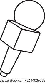 A minimalist black and white illustration of a microphone, featuring a ball top, cube body, and handle.