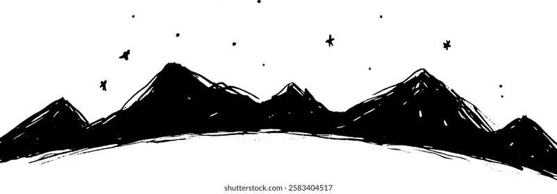 A minimalist black and white illustration of mountains under a starry sky. The mountains are jagged and stylized, with stars scattered above them.