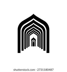 A minimalist black and white illustration of multiple Islamic archways creating a tunnel effect with diminishing perspective.