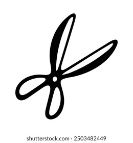 A minimalist black and white illustration of an open pair of scissors.
