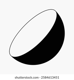 Minimalist black and white illustration of a semi-circle. The semi-circle is tilted, creating a dynamic, abstract shape. Simple, modern, and artistic design. Vector isolated on white.