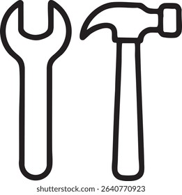 A minimalist black and white illustration shows a wrench and a hammer, tools commonly used for construction and repair.