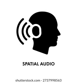 Minimalist black and white illustration of spatial audio concept featuring sound waves emanating from a human head silhouette, ideal for tech and audio-related projects.