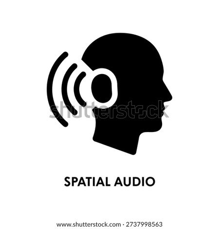 Minimalist black and white illustration of spatial audio concept featuring sound waves emanating from a human head silhouette, ideal for tech and audio-related projects.