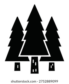 A minimalist black and white illustration of three stylized evergreen trees, showcasing their iconic triangular shapes and simple trunks against a clean background.