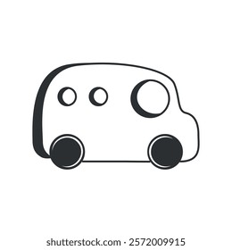 Minimalist black and white illustration of a toy car with round shapes. Simple linear design for children's books, educational materials or playful decor.