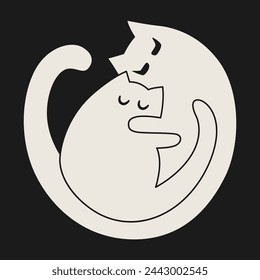 Minimalist black and white illustration of two cats forming a yin-yang symbol.