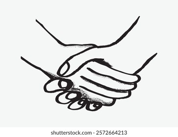 Minimalist black and white illustration of two hands clasped together, symbolizing unity and support. Simple, elegant design of hands in harmony. Simple black line art doodle vector.