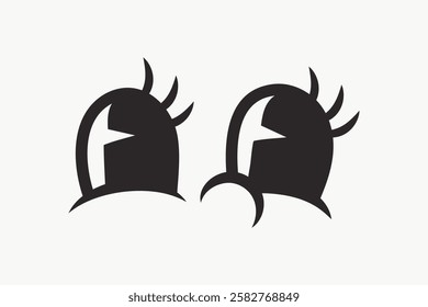 Minimalist black and white illustration of two stylized knight helmets. The helmets feature bold lines and abstract shapes, emphasizing a medieval theme. Funky vector illustration.