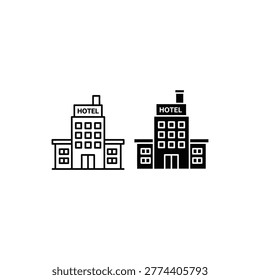 Minimalist black and white illustration of two hotel buildings side by side for stock use in travel or business themes.