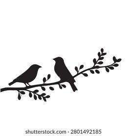 Minimalist black and white illustration of two birds sitting on a leafy branch against a plain background