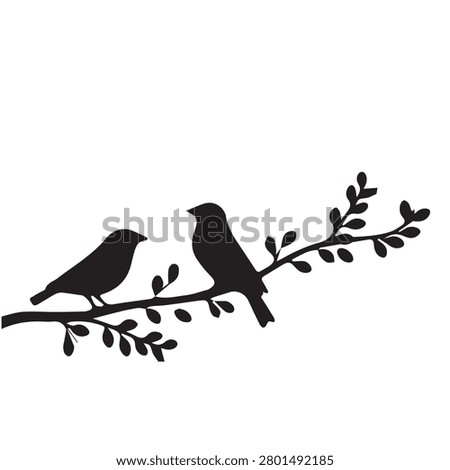 Minimalist black and white illustration of two birds sitting on a leafy branch against a plain background