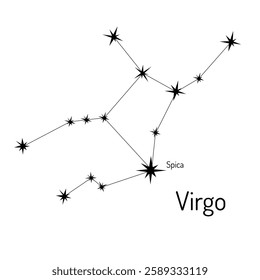 Minimalist black and white illustration of the Virgo constellation with labeled Spica star. Perfect for astrology, astronomy, zodiac-themed designs, and educational materials.