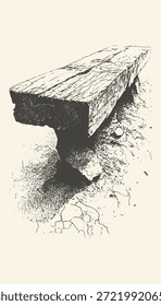 A minimalist black and white illustration of a worn wooden bench featuring a deep grainy texture and hand-drawn artistic style.