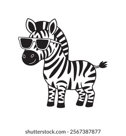 A minimalist, black and white illustration of a zebra wearing sunglass silhouette