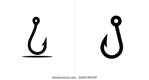 Minimalist black and white image featuring two stylized fish hooks, one with a line underneath for added visual appeal, angled differently on plain background.