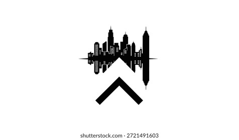 Una Imagen minimalista en blanco y negro con un horizonte de la ciudad reflejado sobre una flecha que apunta hacia arriba. La reflexión simboliza el progreso y el crecimiento urbano dinámico. La silueta del paisaje urbano